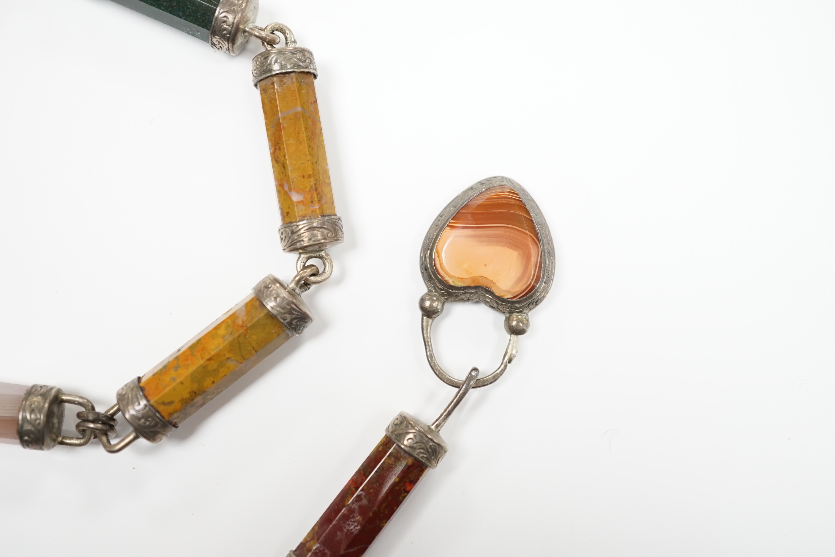 A white metal and Scottish hardstone set necklace, 45cm.